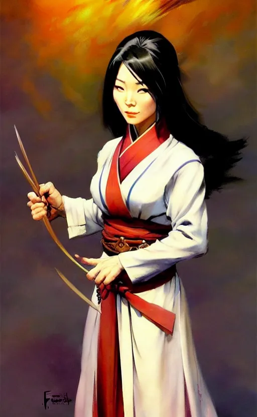 Image similar to magic : the gathering fantasy character concept art by frank frazetta and marco bucci, high resolution. a clear portrait of a stunning female south korean chef, wearing a hanbok apron, radiating powerful culinary energy, fantasy coloring, intricate, digital painting, artstation, smooth, sharp focus