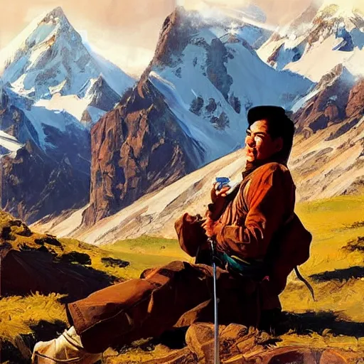 Image similar to greg manchess painting of eagle hunter sitting on the background of mountains in kyrgyzstan, medium shot, asymmetrical, organic painting, sunny day, matte painting, bold shapes, hard edges, street art, trending on artstation, by huang guangjian and gil elvgren and sachin teng