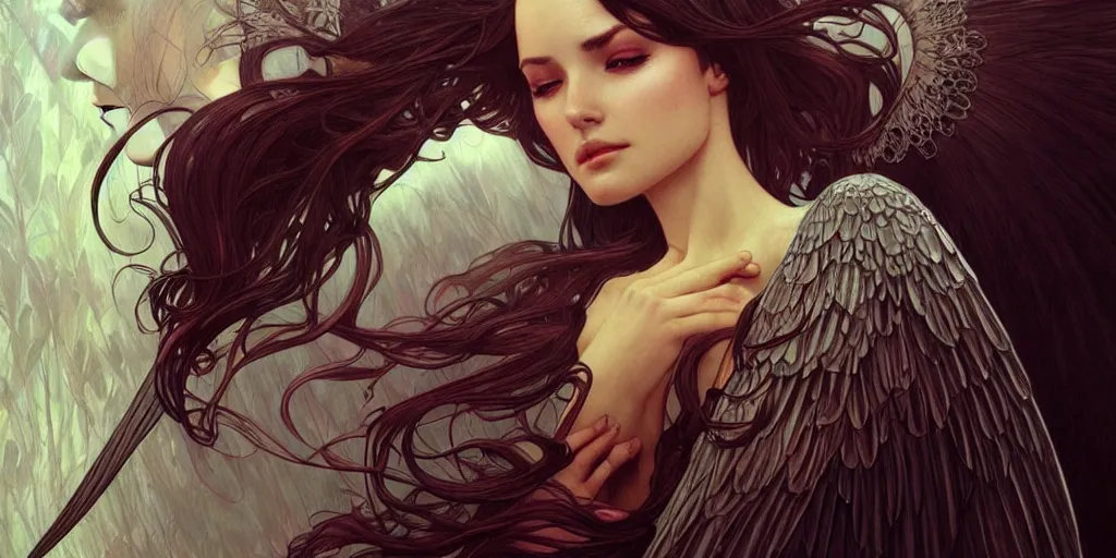 Image similar to beautiful woman is turning into an angel, dark surrealism, intricate, elegant, highly detailed, artstation, concept art, smooth, sharp focus, illustration, art by artgerm and moebius and alphonse mucha