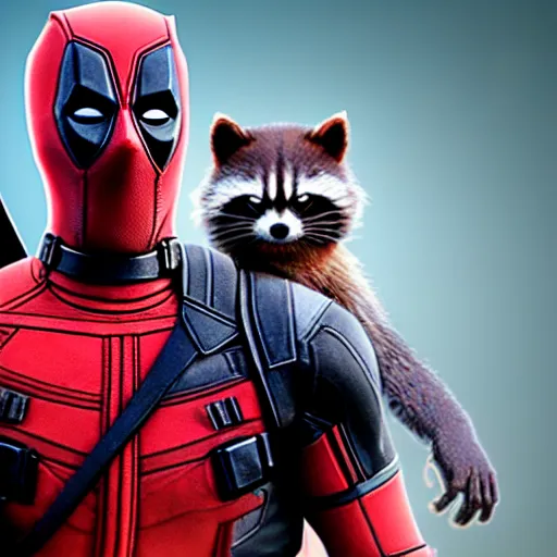 Image similar to deadpool and rocket raccoon together 4 k detailed super realistic
