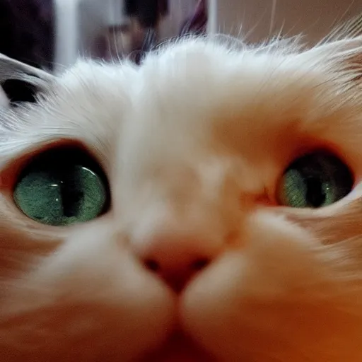 Prompt: a Scottish Fold Cat with pink hair is generating static electricity, Medium shot, wide-angle lens, soft focus, shot on iPhone 6, on Flickr in 2007