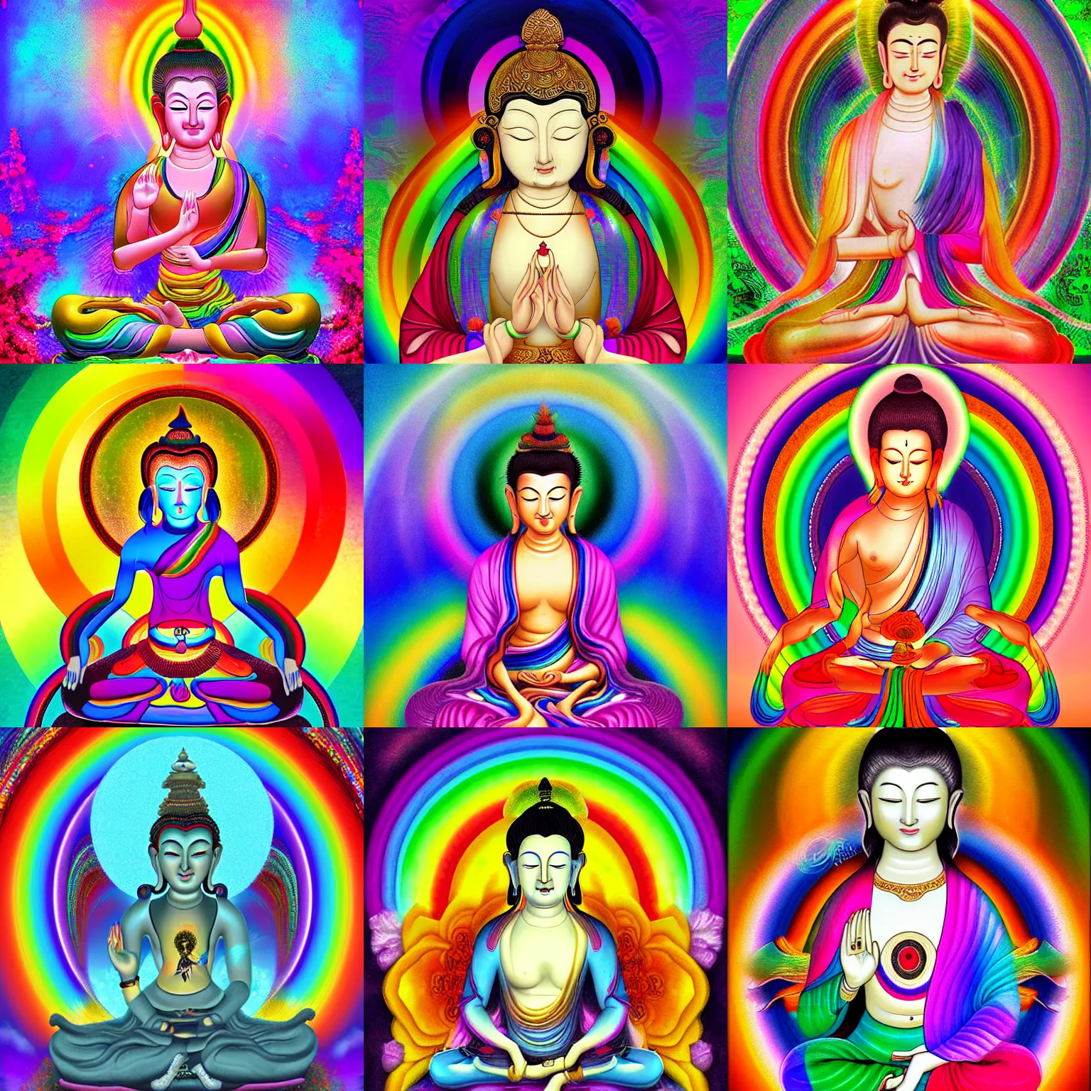 Prompt: endless magical rainbow contented beautiful young woman bodhisattva, digital art