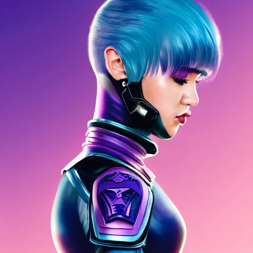 Image similar to a stunning upper body portrait of a beautiful young woman wearing futuristic navy blue and teal battle bodyarmor and pauldrons and ombre purple and pink hairstyle with hair blowing in the wind, by marvel comics, outrun, vaporware, highly detailed, fine detail, intricate, digital art, trending on artstation