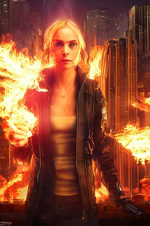 Image similar to in the foreground Saint Petersburg in cyberpunk, in the background a magnificent young blonde woman from behind playing with flames coming out of her hands wearing a long matrix-style jacket, realistic, high definition, many details, dramatic scene, symmetrical face, eyes realistic, cyberpunk, art of Alex Ross