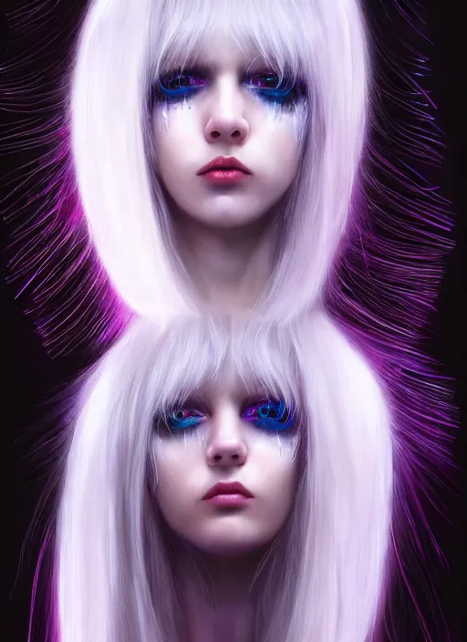 Image similar to hair whitebangs hair, black cyberlox, portrait of teenage girl with white bangs, whitebangsblackhair, messy bangs, cyberlox, whitebangs, red irises, purple clothes, intricate, elegant, glowing lights, highly detailed, digital painting, artstation, concept art, sharp focus, illustration, art by wlop, mars ravelo and greg rutkowski