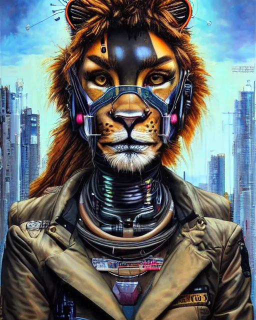 Image similar to a portrait of an anthropomorphic cyberpunk lioness by sandra chevrier, by jon foster, detailed render, tape deck, epic composition, cybernetics, 4 k realistic, cryengine, realistic shaded lighting, sharp focus, masterpiece, by enki bilal