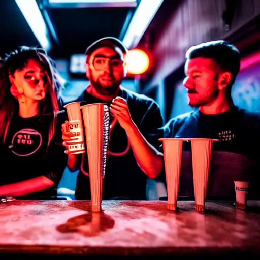 Image similar to photograph of retro techwear people with solo cups loitering near the bar of a packed busy rundown nightclub, retrofuturism, brutalism, cyberpunk, sigma 85mm f/1.4, 35mm, 4k, depth of field, high resolution, 4k, 8k, hd, highly detailed, full color