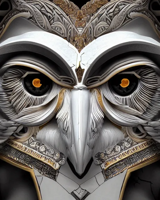 Image similar to symmetrical painting of a fractured obsidian greek statue of an owl fixed with kintsugi, rendered in octane trending on cgsociety. extremely detailed and intricate art