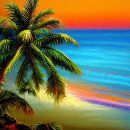 Prompt: A beautiful tropical beach at sunset Oil painting by Jim Warren