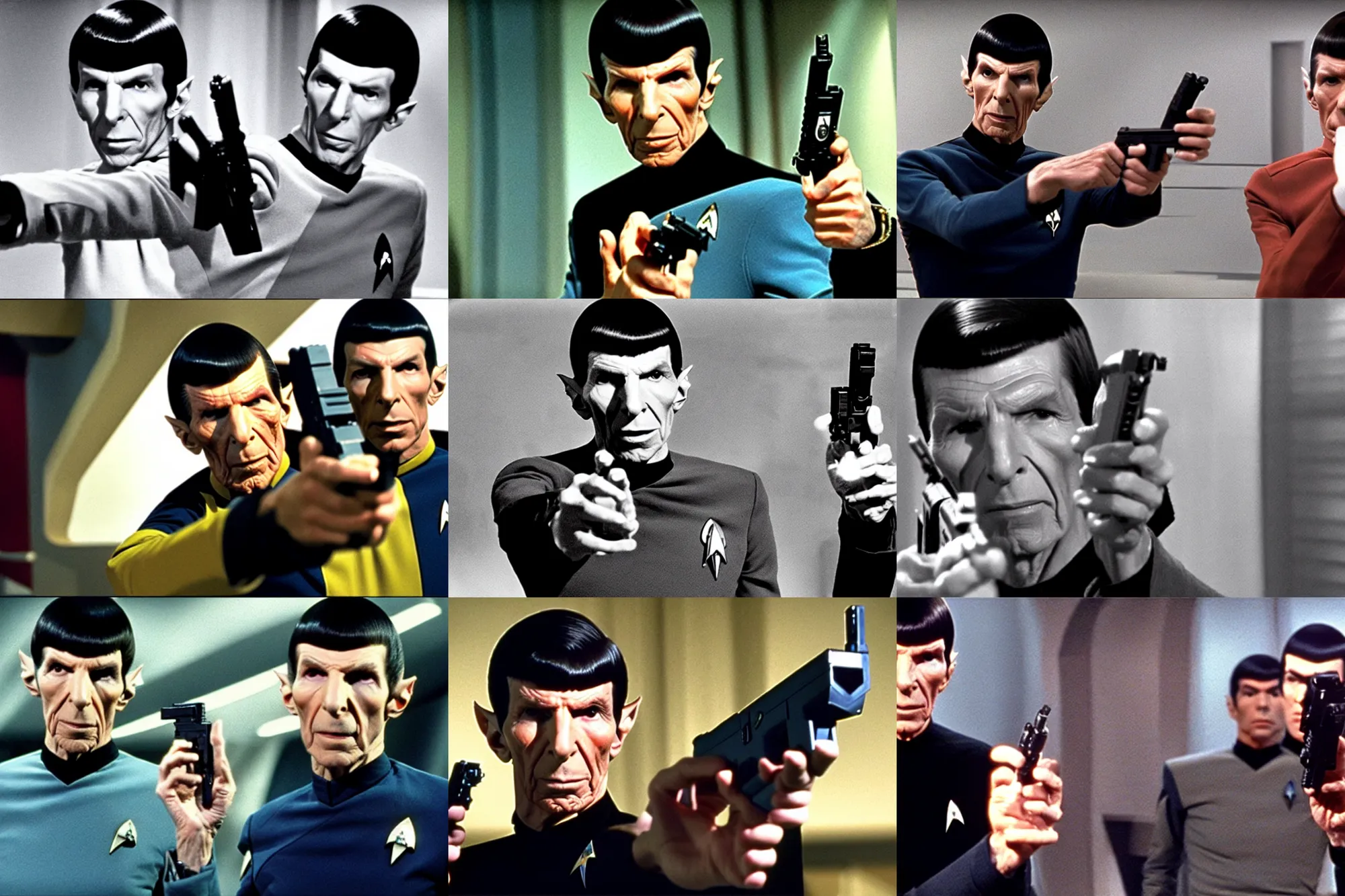 Prompt: film still of leonard nemoy as spock holding a glock - 1 9 in the new star trek movie spock with a glock