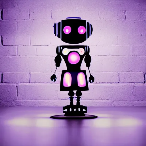 Image similar to a glowing robot girl, standing on a step stool. the glowing robot girl is replacing a defective lightbulb. there is a lampshade above the step stool. dark room.