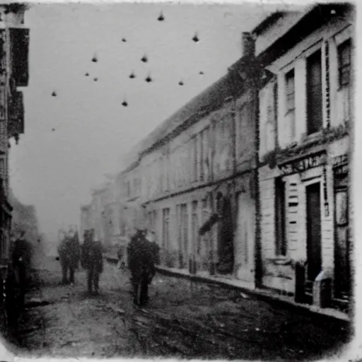 Prompt: grainy 1800s photo of a city street with flying machines above dropping incendiary bombs on it