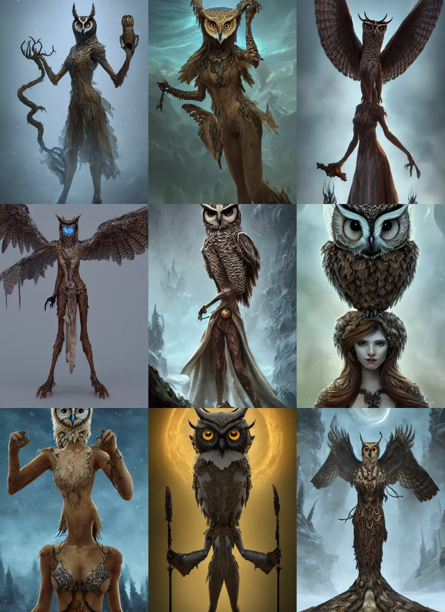 Prompt: a fantasy creature at Proto-Slavic mythology. Is a tall owl with a woman's head and the body of an owl , with a bewitching voice, not a messenger from above, but a direct threat to life. Full body, detailed and realistic, 4k, top-artstation, inspired blizzard games, octane render