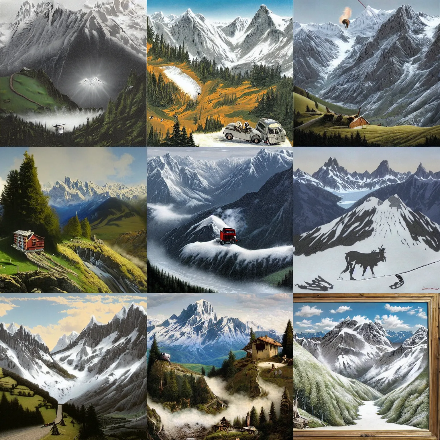 Prompt: landscape art of the alps by banksy