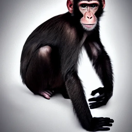 Image similar to high quality portrait of a monkey wearing black suit, studio photograph, photograph, realistic photo, 8k photo, 4k photo, stock photo, high resolution, cinematic shot, high detail