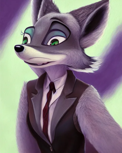 Image similar to beautiful oil painting of anthromorphic female wolf, in style of zootopia, zootopia, zootopia, fursona, furry, furaffinity, 4 k, deviantart, furry art, fursona art, wearing black business suit, business suit, in style of zootopia, wolf fursona, cyberpunk, female, very very expressive detailed feminine face,