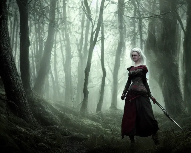 Image similar to 5 5 mm portrait photo of a real life tough looking eva green as ciri with a large scar along her left cheek, in a magical forest. dark atmosphere. art by greg rutkowski. highly detailed 8 k. intricate. lifelike. soft light. nikon d 8 5 0.