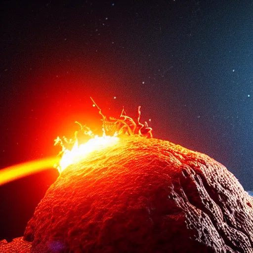 Image similar to an alien t-rex bursting fire out of its mouth in an unknown planet, octane render, bokeh, 3D