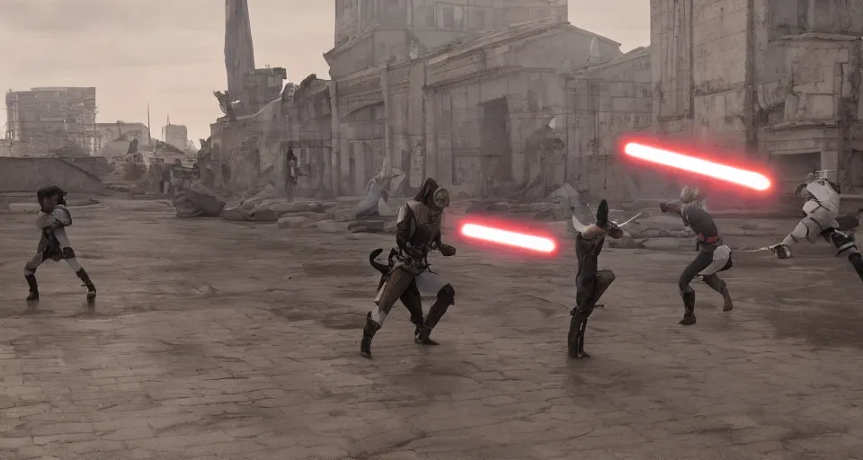 Prompt: Wide shot of an epic jedi fight in a old soviet city, cinematic, sci-fi, fantasy