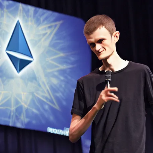Image similar to Vitalik Buterin as an arcane wizard casting a spell while on stage at a conference, ethereum logo can be seen in the magic - Photo manipulated by DALLE