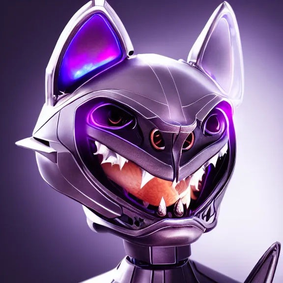 Image similar to high quality close up headshot of a cute beautiful stunning robot anthropomorphic female dragon with metal cat ears, with sleek silver metal armor, purple flesh, glowing OLED visor, facing the camera, high quality maw open and about to eat you, you being dragon food, the open maw being detailed and soft, sharp teeth, soft lulling tongue, highly detailed digital art, furry art, anthro art, sci fi, warframe art, destiny art, high quality, 3D realistic, dragon mawshot, maw art, furry mawshot, macro art, dragon art, Furaffinity, Deviantart