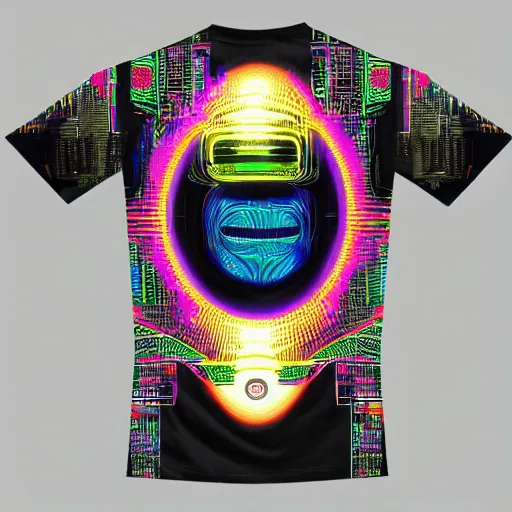 Image similar to mockup of a black tshirt with a hyperdetailed portrait of a cyberpunk robot by hajime sorayama, 8 k, symetrical, flourescent colors, happy trippy mood, multicolored,