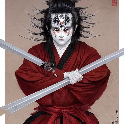 Prompt: an epic portrait of insane kabuki male wielding a spear and doing the nirami covered in a magical mist of insanity, intricate hakama, poofy red wig, eerie, highly detailed, dark fantasy, art by artgerm and greg rutkowski