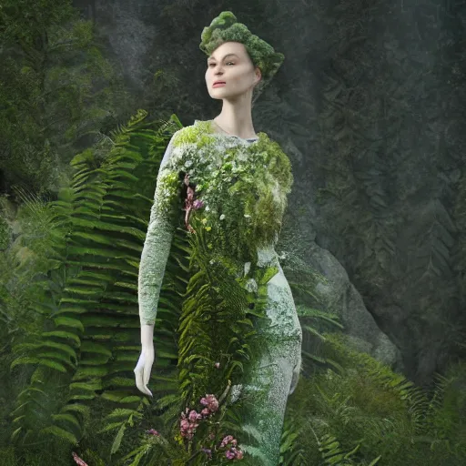 Image similar to a haute couture dress of ferns and flowers and glacial runoff, curvy features, costume design + octane render + hyper realistic + swampy background, vintage