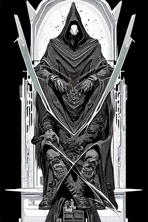 Prompt: cloaked wizard sitting in a throne, high details, intricately detailed, by vincent di fate, inking, 3 color screen print, masterpiece, trending on artstation,, sharp, details, hyper - detailed, hd, 4 k, 8 k