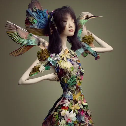 Image similar to 3 / 4 view of a beautiful girl wearing an origami dress, eye - level medium shot, fine floral ornaments in cloth and hair, hummingbirds, elegant, by eiko ishioka, givenchy, nobuyoshi araki, by peter mohrbacher, centered, fresh colors, origami, fashion, detailed illustration, vogue, japanese, reallusion character creator