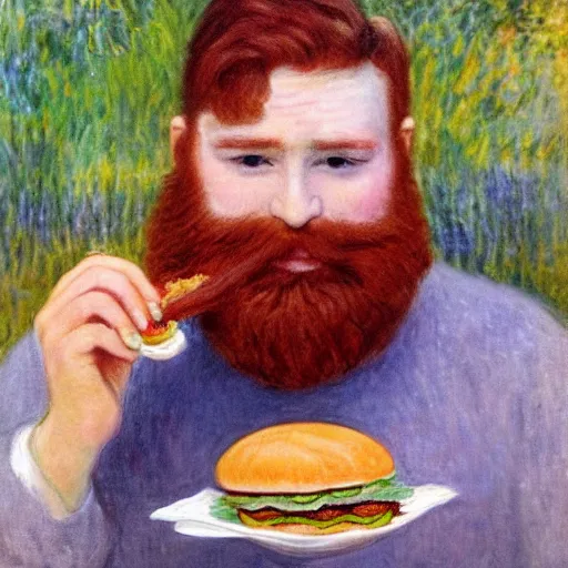 Prompt: ginger young handsome man with beard eating hamburger happily by monet