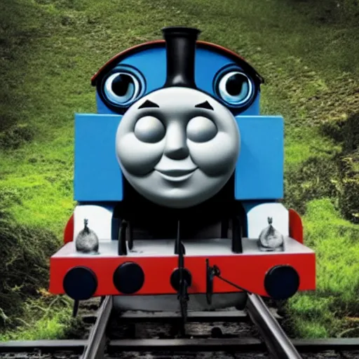 Prompt: thomas the tank engine, uncanny horror, caught on hand cam, scary