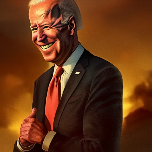 Image similar to joe biden smiling while behind him the world is burning, dramatic lighting, cinematic, establishing shot, extremly high detail, photorealistic, cinematic lighting, artstation, style by James Gurney