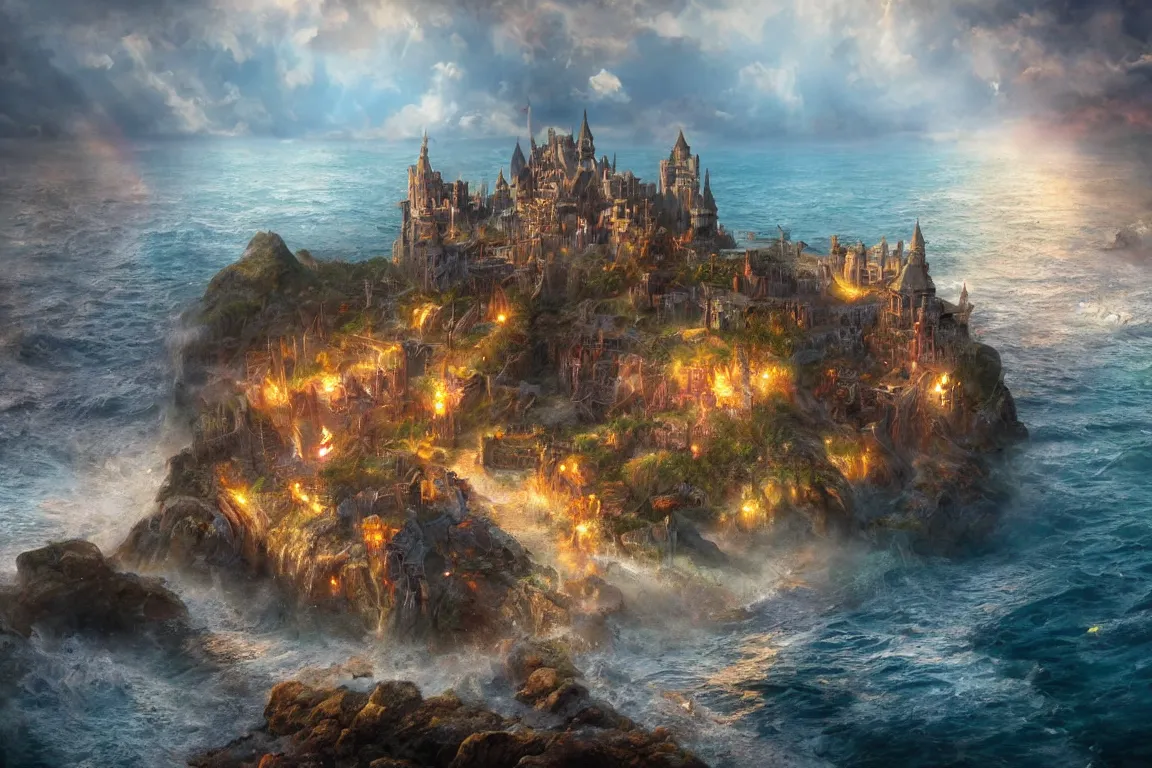 Prompt: an epic fantastic realism painting of a castle city being devoured by the ocean, 8 k, ultra realistic, lens flare, atmosphere, glow, detailed, intricate, full of colour, cinematic lighting, trending on artstation, 4 k, hyperrealistic, focused, extreme details, unreal engine 5, cinematic, masterpiece