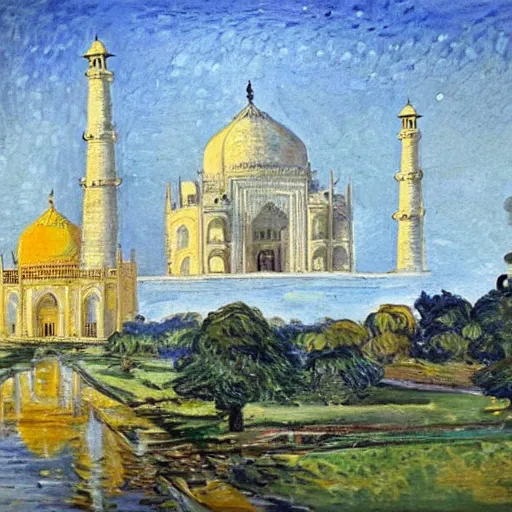 Prompt: a painting of the Taj Mahal by Van Gogh