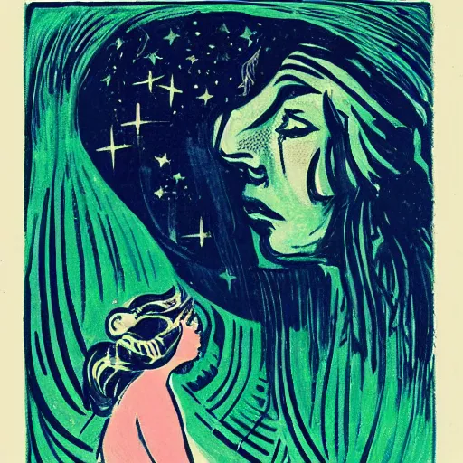 Image similar to Experimental art. A beautiful illustration of a young girl with long flowing hair, looking up at the stars. She appears to be dreaming or lost in thought. by Ernst Ludwig Kirchner, by Randolph Caldecott ghostly
