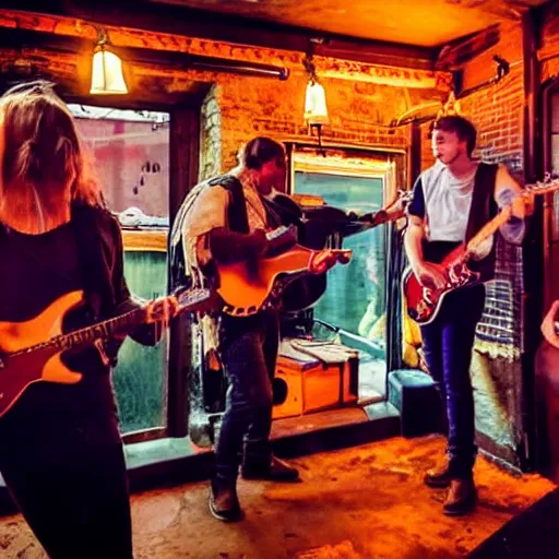 Image similar to nine people in a bar fighting with their guitars