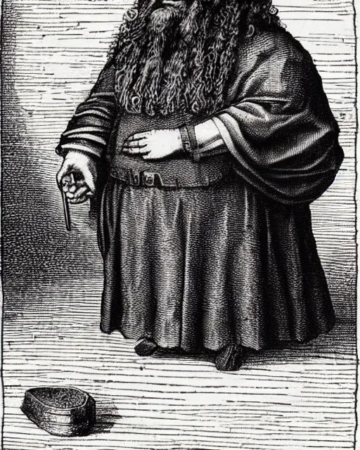 Prompt: “An engraving of a bearded Dwarf Lawyer by Albrecht Durer and Melchior Lorck (1523)”