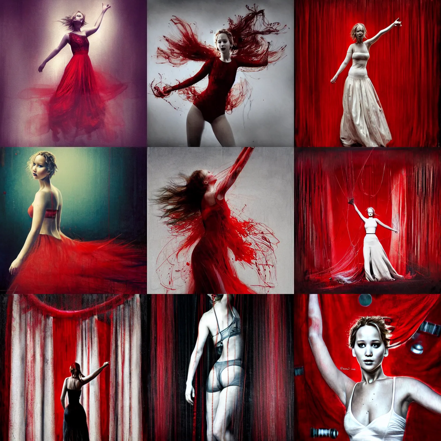 Prompt: dancing Jennifer Lawrence as a puppet strings surrounded by red curtains, by Brooke Shaden, close-up shot from behind, big white strings attached to each wrist from above, white neck visible, intricate, dystopian, sci-fi, extremely detailed, digital painting, artstation, concept art, smooth, sharp focus, illustration, intimidating lighting, incredible art, details visible, very dark ambiance