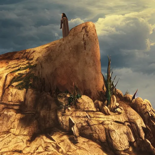 Image similar to Jesus Christ rising out from a tomb in a cliff side, cinematic perspective, movie shot, 8k, full hd