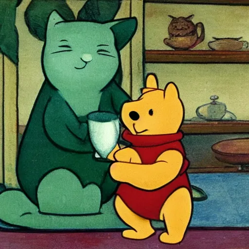 Prompt: Winni the Pooh hold a large jade rod, stand next to the cat's wife and hold a bowl of rice, realism