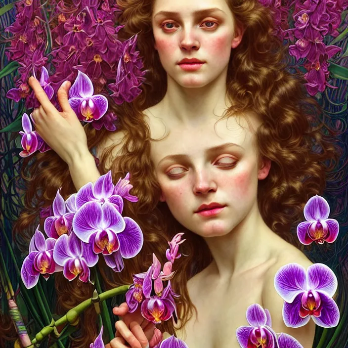 Image similar to psychedelic portrait of girl surrounded by orchids, diffuse lighting, fantasy, intricate, elegant, highly detailed, lifelike, photorealistic, digital painting, artstation, illustration, concept art, smooth, sharp focus, art by John Collier and Albert Aublet and Krenz Cushart and Artem Demura and Alphonse Mucha