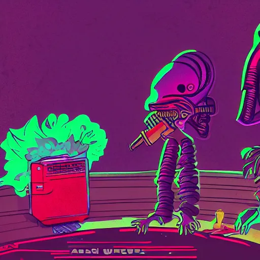 Prompt: aliens smoking weed, 4k, sharp, illustration, colorful, synthwave