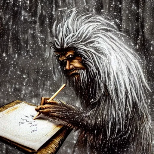 Prompt: a high detailed realistic photo of a long haired yeti writing on parchment with a quill in a windy snowstorm with fur being blown in the wind