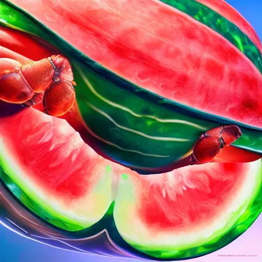 Image similar to photorealistic watermelon crab. hyperdetailed photorealism, 1 0 8 megapixels, amazing depth, glowing rich colors, powerful imagery, psychedelic overtones, 3 d finalrender, 3 d shading, cinematic lighting, artstation concept art