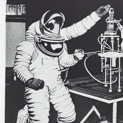 Image similar to old photograph of an astronaut in a futurist lab doing occult experiments