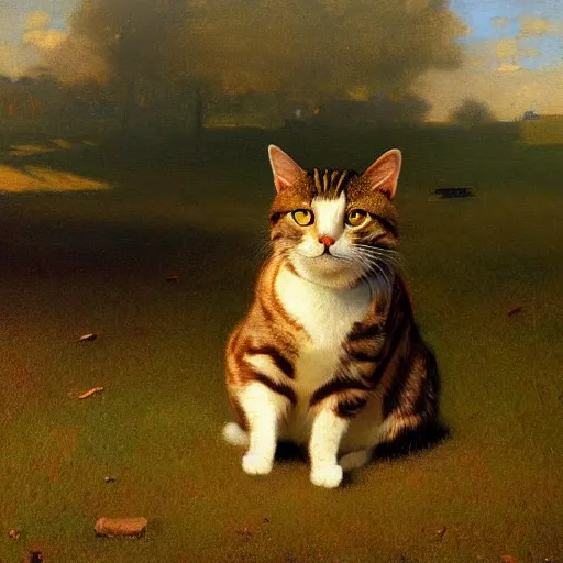 Prompt: 'impressive modern painting of a realistic cat, trending on artstation, by George Inness, with drop shadow, Unreal Engine, RTX, Octane, 4K'