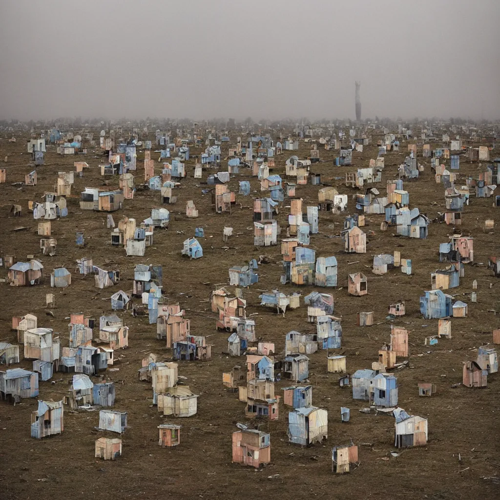 Prompt: towers made up of densely stacked makeshift squatter shacks with faded colours suspended over a quagmire, plain uniform sky at the back, misty, mamiya, ultra sharp, very detailed, photographed by julie blackmon, cristina de middel and john chiara