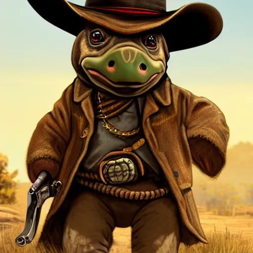 Image similar to cute little anthropomorphic tortoise in Red Dead Redemption 2 (2018 videogame) cover art, ultra wide lens shot , tiny, swine, hug, small, short, cute and adorable, pretty, beautiful, DnD character art portrait, matte fantasy painting, DeviantArt Artstation, by Jason Felix by Steve Argyle by Tyler Jacobson by Peter Mohrbacher, cinematic lighting