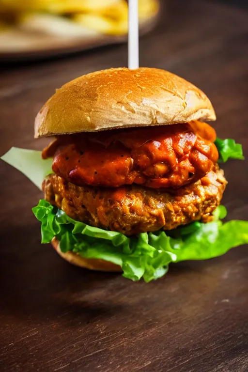 Prompt: Photograph of a Beautifully cooked butter chicken burger. Food Photography. Instagram. Ultra HD. Sharp. 50mm